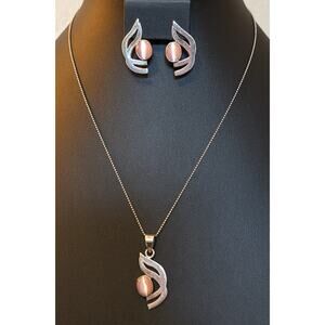 VTG Pink Cat Eye Moonstone 925 Sterling 18" Necklace & Pierced Earring Set